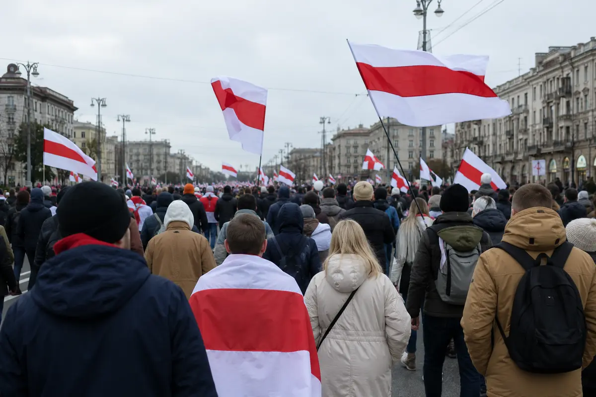 Friedliche Demonstration mit weiß-rot-weißen Flaggen in Belarus, redaktionelles Konzeptmotiv