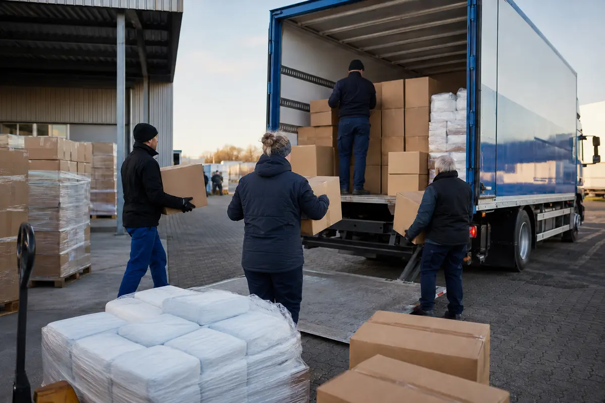 Ehrenamtliche verladen Hilfsgüter in einen Lastwagen, redaktionelles Konzeptmotiv