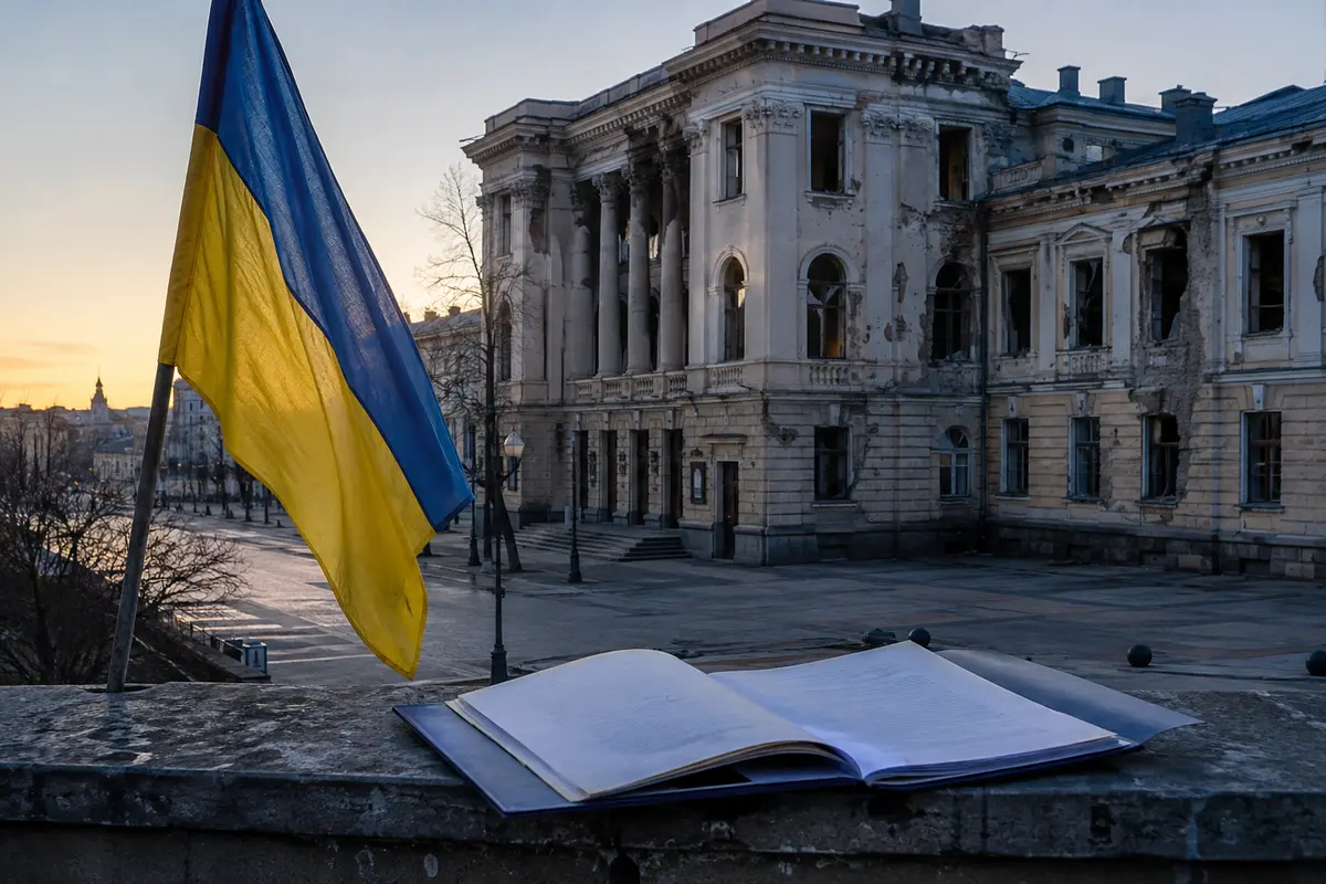 Ukrainische Flagge vor einem beschädigten öffentlichen Gebäude und juristischen Dokumenten, redaktionelles Konzeptmotiv